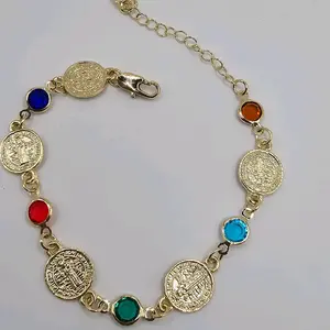 SAINT BENEDICT beautiful bracelet coins style colors stones adjustable GOLD-PLATED