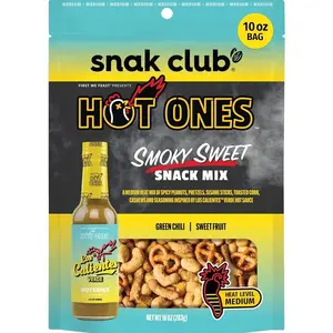 Snak Club x Hot Ones Snack Mix, Smoky Sweet, Spicy Snacks with Peanuts, Pretzels, Sesame Sticks, Toasted Corn, Cashews, Inspired by Hot Ones, Vegan Snack, 10 oz Resealable Bag