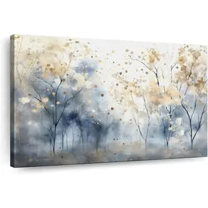 1 Piece of Elephant Stock Patterned Blue Forest II Wall Hanging Artwork - Horizontal Wrap Canvas - Single Piece for Living Room Wall Decoration - Watercolor Style Natural Canvas Printing - Yellow and Brown Wall Decor