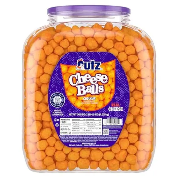 Utz Cheese Balls Barrel, Tasty Snack Baked with Real Cheddar Cheese, Delightfully Poppable Party Snack, Gluten, Cholesterol and Trans-Fat Free, Kosher Certified, 36.5 Oz