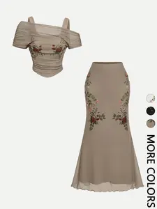 2 Piece Floral Print Off Shoulder Top and Midi Skirt Set for Women,  Figure Flattering Matching Outfit for Date Night Beach Vacation Wedding Guest Brunch Party, Trendy Coquette Cottagecore Romantic Fairy Aesthetic