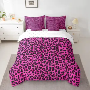 Pink Leopard Print Bed Set,in a Bag 7 Pieces,Wild Animal Skin All Season Comforter Set,Cheetah Skin Bedding Set with 1 Comforter,2 Sheets,2 Pillowcases & 2 Throw Pillow Covers