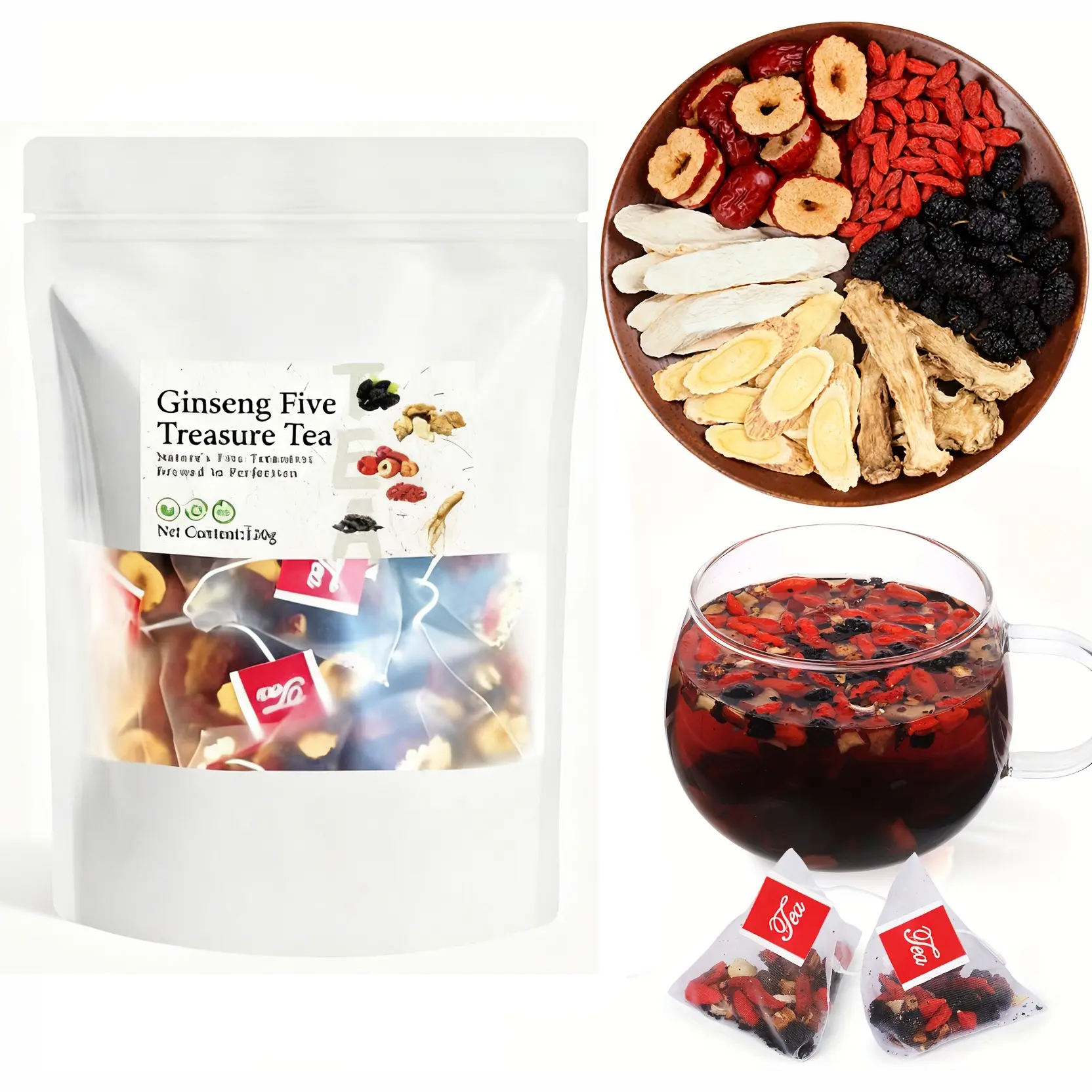 Kidney Tea Formula Ginseng 5 Treasure Tea Ginseng Mulberry Herbal Tea Natural Chinese Traditional Herbal Kidney Detox Cleanse Teabag for Men Women Chinese Tea Bags Wellness Beverage Health Tea loaded teas