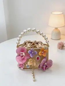 New Floral Beaded Handbag, Sparkling Diamond Basket Birdcage, Versatile Party Bag, Elegant All-Season Accessory, Crossbody & Carry Handle