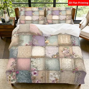 2/3 Pcs 2D Flat Patchwork Floral Duvet Cover Set Vintage Patchwork Bedding Set Quilt Cover 1 Duvet Cover + 1/2 Pillowcases Elegant Patchwork Top Sheet Decorative Bedding Bedroom Decor Patchwork Quilt Sets