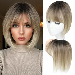 Hair Toppers for Women 360° 3D Cover Synthetic Hair Topper with Bangs lightweight breathable Wispy Bangs Extensions Clip in Bangs for Daily Wear