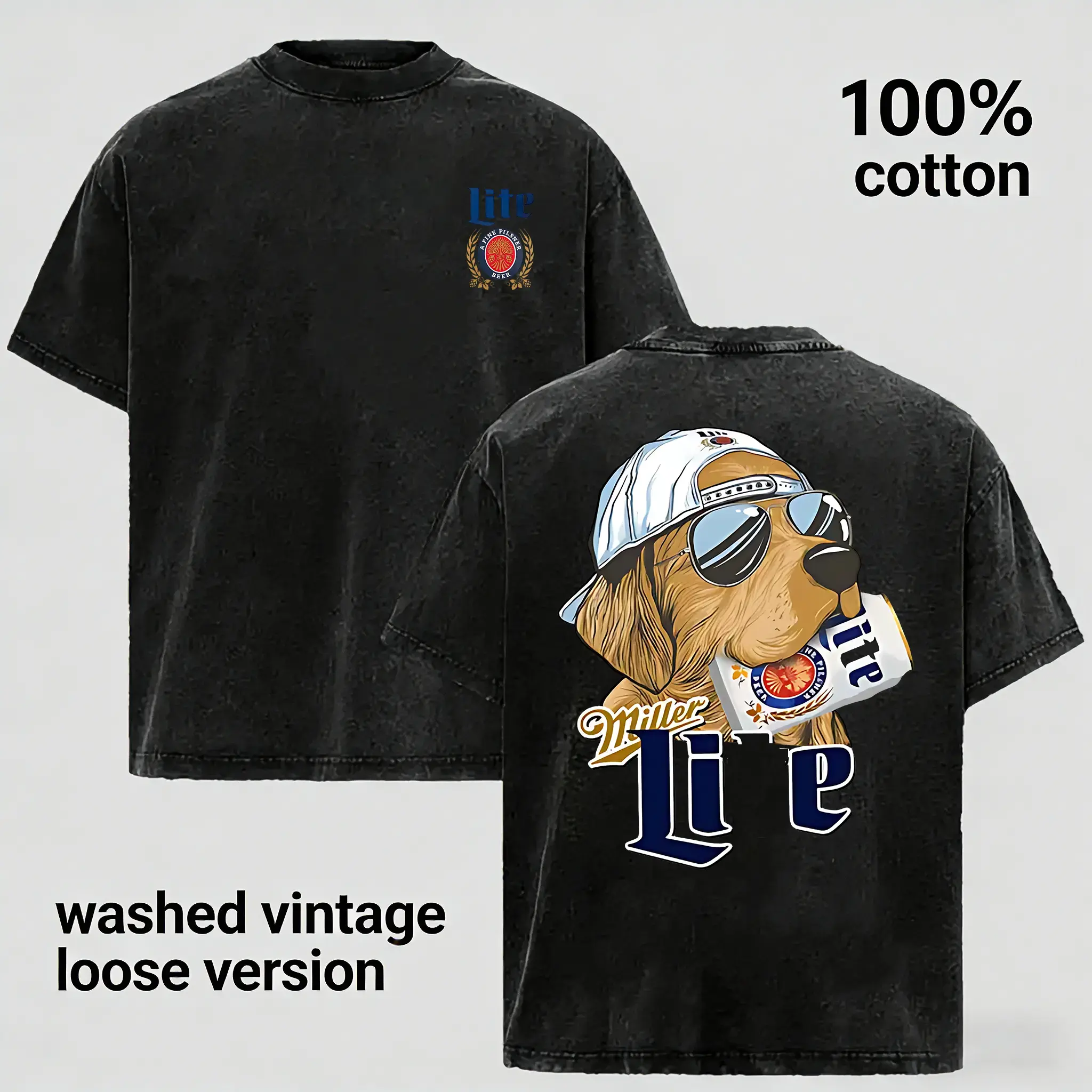 Vintage Washed Funny Dog Graphic T-Shirt for Men, 100% Cotton Loose Fit Oversized Tee, Beer Lover Puppy Print Shirt, Retro Casual Streetwear Top, Soft Breathable Summer T-Shirt, Unisex Trendy Pet Lover Gift Casual Tee Menswear Tshirt Crewneck Tropical