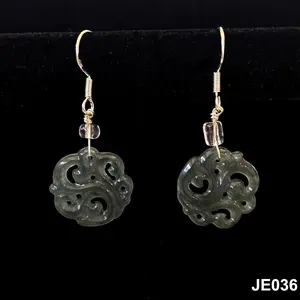 Hi-grade Natural Translucent Jade Jadeite Earrings, Hollow-out Floral Pattern
