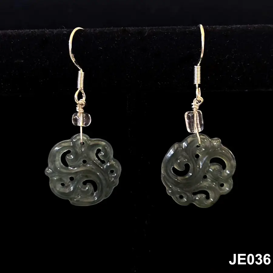 Hi-grade Natural Translucent Jade Jadeite Earrings, Hollow-out Floral Pattern