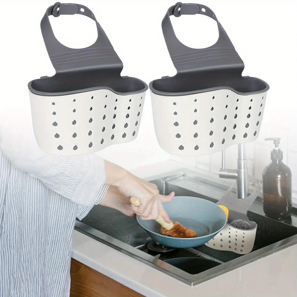 2pcs BPA-Free Kitchen Sink Caddy Organiser - Silicone Plastic Sponge & Soap Holder, Hanging Adjustable Strap with Drain Holes for Drying Cleaning Supplies, Craft Room Storage