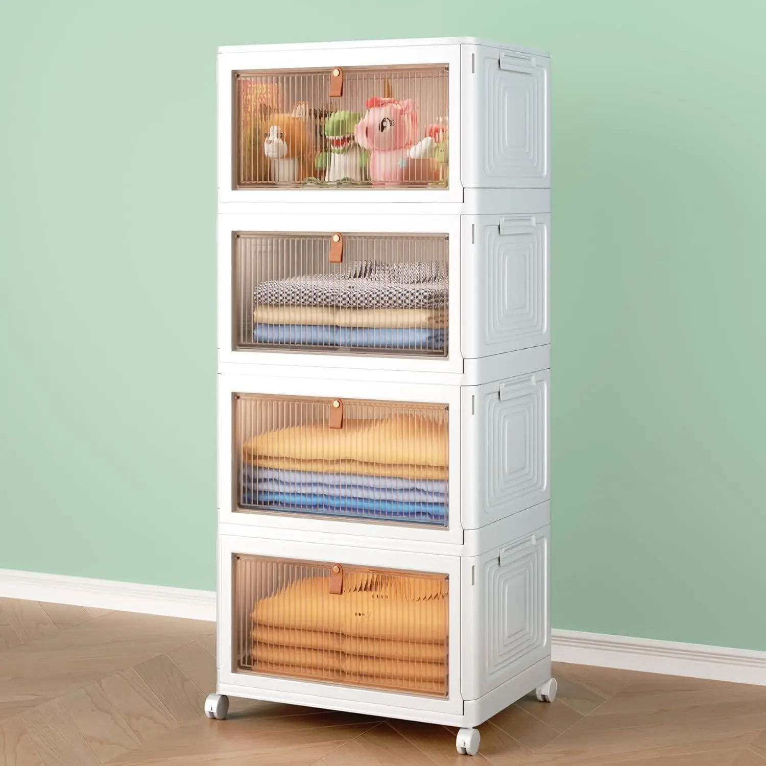 4 Tier Storage Bins with Lids, 23QT Stackable Closet Organizers and Storage with Wheels, Collapsible Storage Boxes, Foldable Plastic Storage Containers for Home,Office, Dorm Room Pink door organizer