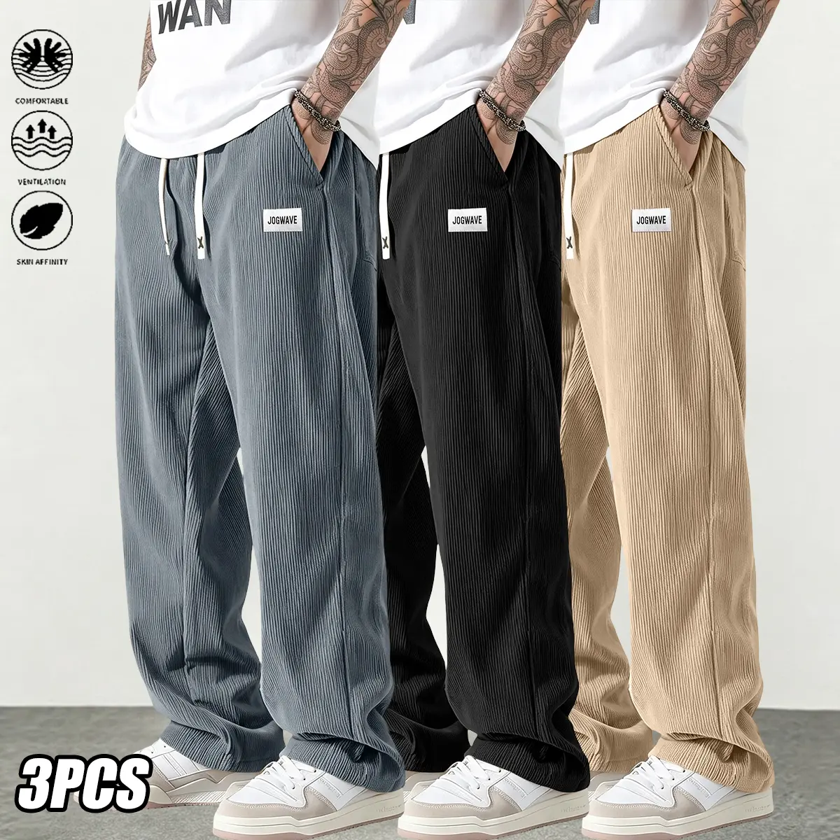 3-pack men’s corduroy casual long pants, solid color, elastic drawstring waistband, suitable for outdoor sports and casual wear; men’s casual pants, men’s long pants, menswear