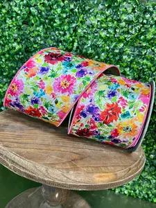 4 Inch By 10 Yard Multicolor Floral Impressions Deluxe Wired Edge Ribbon