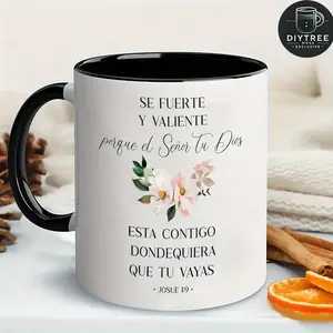 1pc, 11oz, Elegant Ceramic Mug - Bible Verse Joshua 1:9 'Se Fuerte y Valiente' Design, Dishwasher & Microwave Safe, Thoughtful Christian Gift, Available in White, Black & Pink!