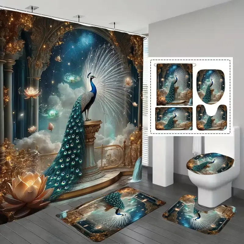 1/4 pcs of a luxurious peacock pattern shower curtain set, including a non-slip mat, U-shaped rug, and toilet seat cover. Perfect for bathroom décor, enhancing the space. Comes with 12 shower curtain hooks. Shower Essentials, Bathroom Shower Curtain Sets