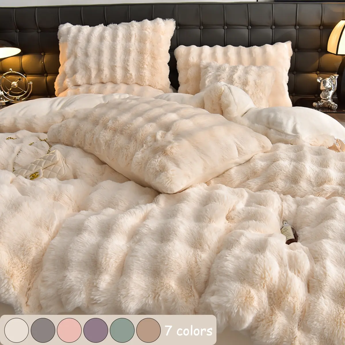 Faux Rabbit Fur Duvet Cover Set, Luxury Ultra Soft Solid Color Bedding, Warm All Season 3 Piece Set with 1 Duvet Cover and 2 Pillowcases for Bedroom, Sofa, Dorm, Living Space Bed Sets
