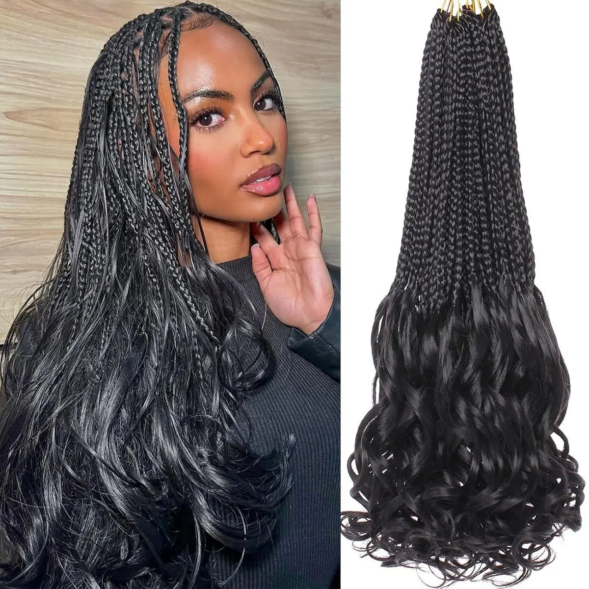 18 Inch 9 Pack (15 Strands/PCS) Pre Looped French Curly Box Braids Crochet Hair Natural Black French Curl Braiding Hair with Curly Wavy Ends Bouncy Loose Wave Crochet Box Braids for Women 1B#
