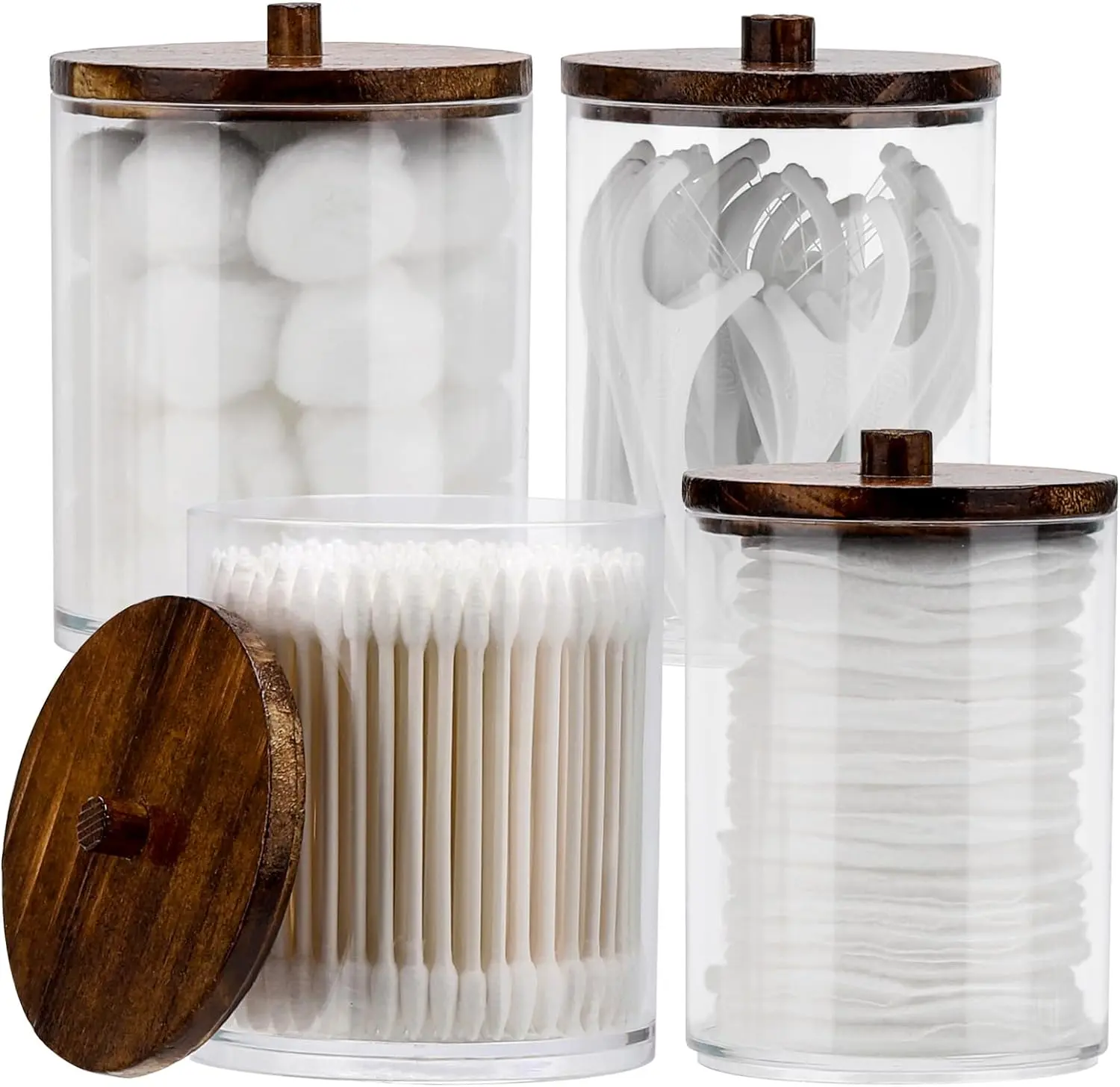 4 Pack Qtip Holder Dispenser Cotton Ball, Cotton Swab, Floss - 12oz, 10 oz Clear Plastic Apothecary Jars for Bathroom Organizer and Storage Containers (Brown Wood Lids)