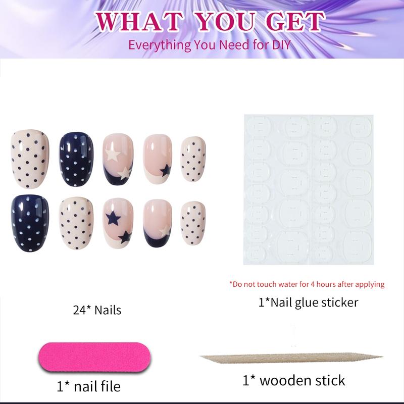 24pcs Short Oval Blue French Acrylic False Nails Set, Star & Polka Dot Design, Nail Art Design, Perfect Fit, Glossy Finish, for Women and Girls