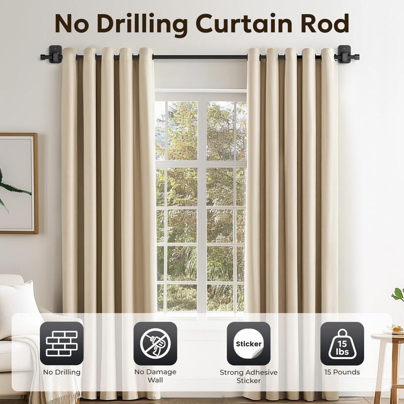 Inovaday No-Drill Curtain Rods for Windows - Adjustable 5/8" Tension Rod, Renter-Friendly Adhesive Brackets, Easy Install Black Drapery Pole