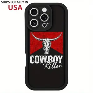 iPhone Case for 16 15 14 13 12 11 ProMax Pro Plus Western Cowboy Bull Skull Pattern Dopamine Color Aesthetic Shockproof TPU Soft Cover Protection Silicone Durable Casing