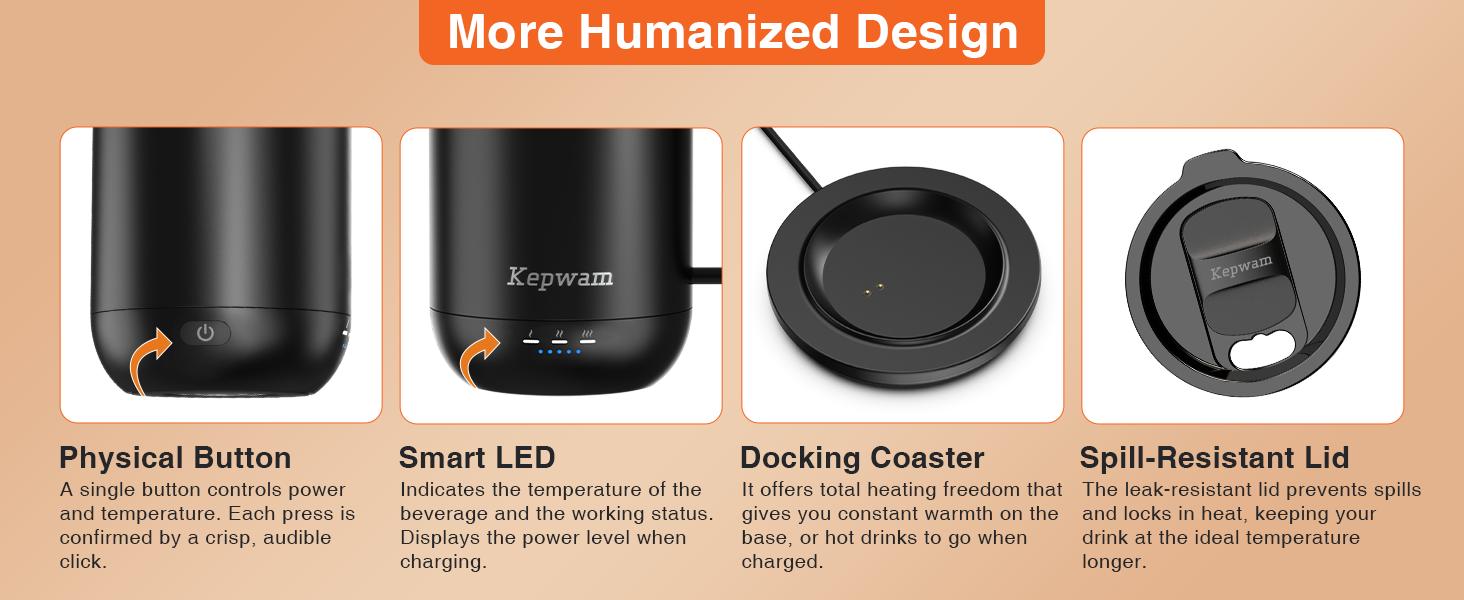 Kepwam Self-Heating Coffee Mug T1-16oz, Fast Heating Rechargeable Heated Coffee Mug, Smart Mug with App & Button Control, Ideal Gift for Coffee Lovers & Hot Drink Enthusiasts