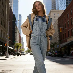 1 piece of women's loose denim strap jumpsuit (elastic straight leg wide leg, fashionable style) to wear (S-XXL size)