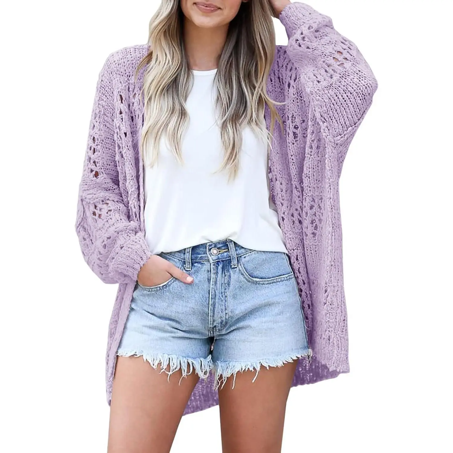 Saodimallsu Women's Crochet Cardigan Kimono Boho Long Sleeve Lightweight Soft Oversized Open Front Knitted Sweater  Knitwear Womenswear Summer Tops Knitting