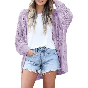 【Summervibes】Saodimallsu Women's Crochet Cardigan Kimono Boho Long Sleeve Lightweight Soft Oversized Open Front Knitted Sweater  Knitwear Womenswear Summer Tops Knitting