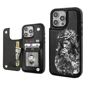 Jesus Redemption Aesthetics Pattern Phone Cases Compatible For With iphone 16 15 14 13 12 PRO PLUS MAX PU Black Durable Flip High quality Leather Credit Card Bag Holder Mother Gift Wallet Shockproof Anti-Drop Full Protection Phone Cases Shell Cover