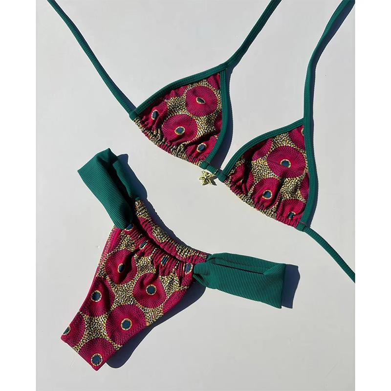 Print Separated Metal Swimwear Triangle Cup Bikini Swimsuit for Women