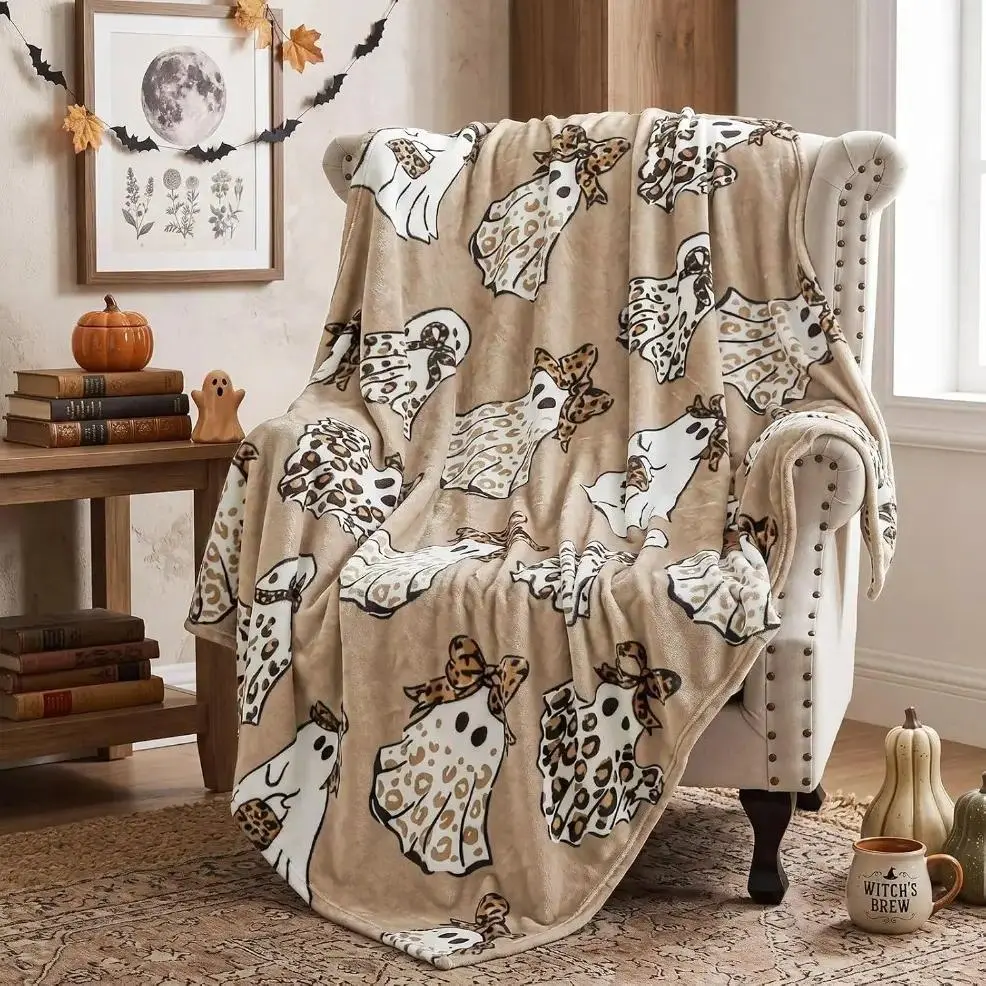 Flannel Halloween Cheetah Ghost Blanket Brown Leopard Throw Blanket | Soft Flannel Fleece, Wrinkle Resistant Cozy Spooky Home Decor, Western Boho Holiday Blanket, Adult & Baby Blanket, Halloween Season Gift birthday gift