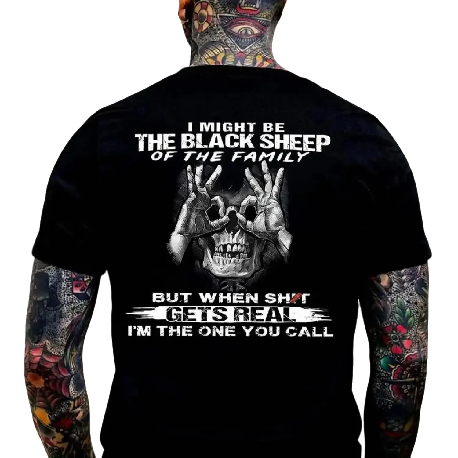 Men's Classic Cotton Casual Crewneck Streetwear Tee Tops - "I Might Be the Black Sheep of the Family" Skull with OK Print