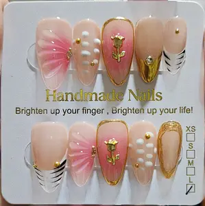 Handmade Nails Pink Gradient with Gold Rose & Butterfly Accents XS to L Sizes Available Luxury Nail Art Featuring Gold Foil Tip and White Dot Pattern