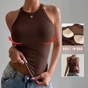 Viral Built-in Bra Tank Top, Ribbed Sleeveless Crew Neck Shirt, Women’s Slim Fit Racerback Crop Tops for Aesthetic Outfits