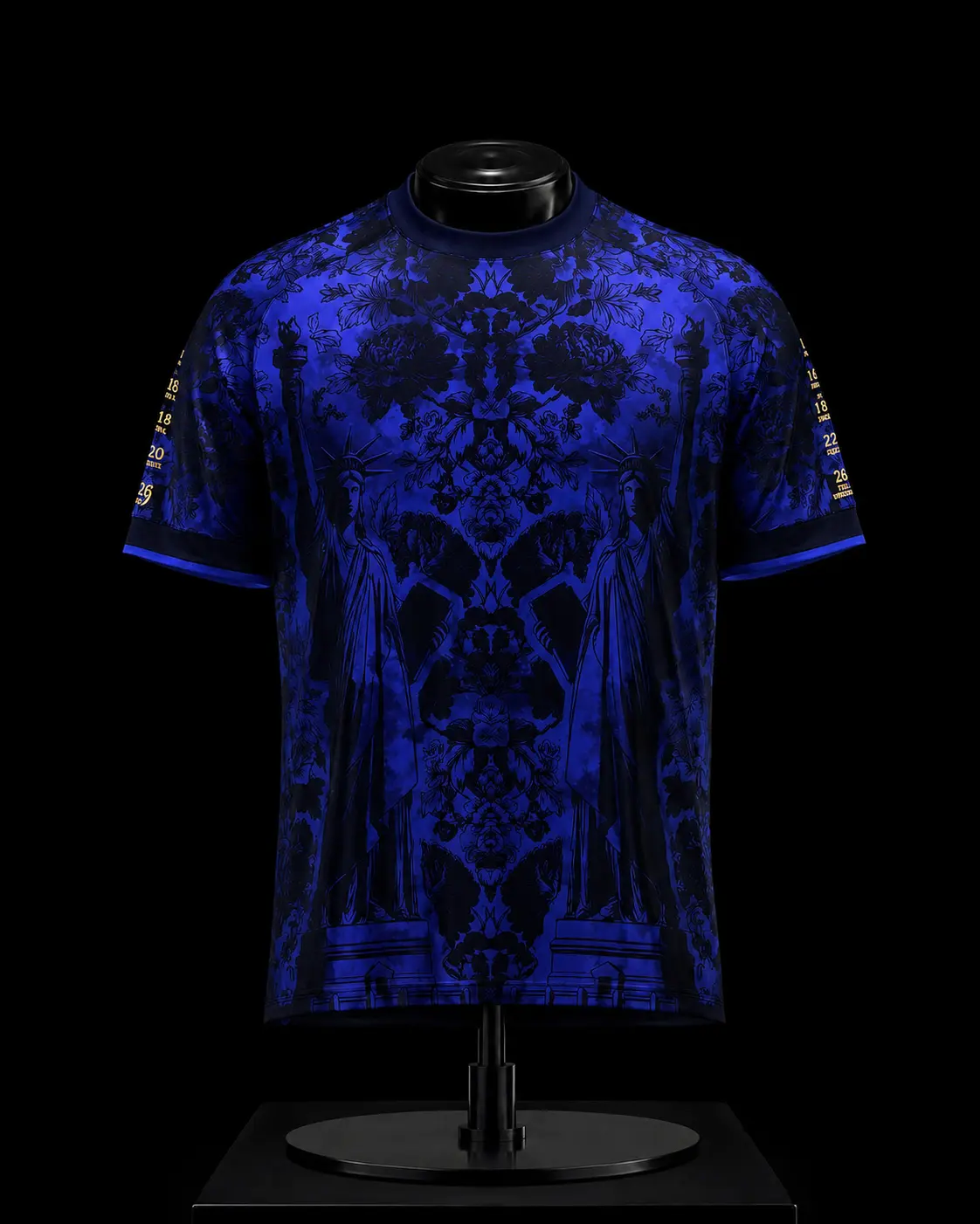 Men’s Midnight Blue Liberty Graphic Soccer Jersey – Floral Statue Print Short Sleeve Sports Shirt