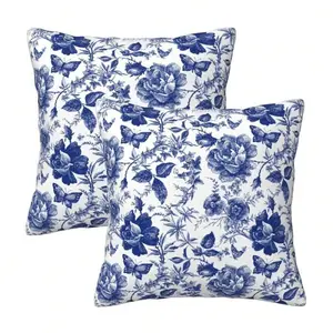 Blue And White Porcelain Floral Butterfly Pillow Covers 18x18 In Vintage Chinoiserie Couch Pillow Case Sets Of 2 Modern Decorative Square Throw Pillows For Living Room Cushion