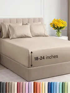 Extra Deep Queen Sheet Set - 6 Piece Breathable & Cooling Sheets - Hotel Luxury Bedding Set w/18-24 Inch Extra Deep Pockets - Easy & Secure Fit - Super Soft, Wrinkle Free & Comfy - Wheat, Queen Size
