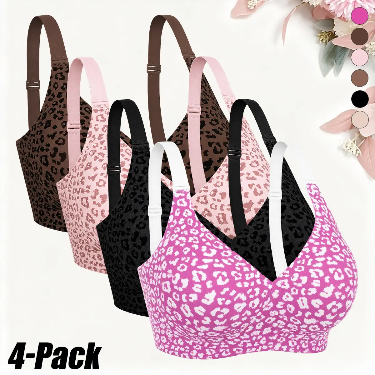 4-Pack Women’s Leopard Print Seamless Wireless Bras, mousse-soft, air-ventilated, skin-friendly everyday bralettes with wide adjustable straps, no side overflow, sculpted smooth cups, seamless band that doesn’t pinch, brown, pink, black, hot pink leopard