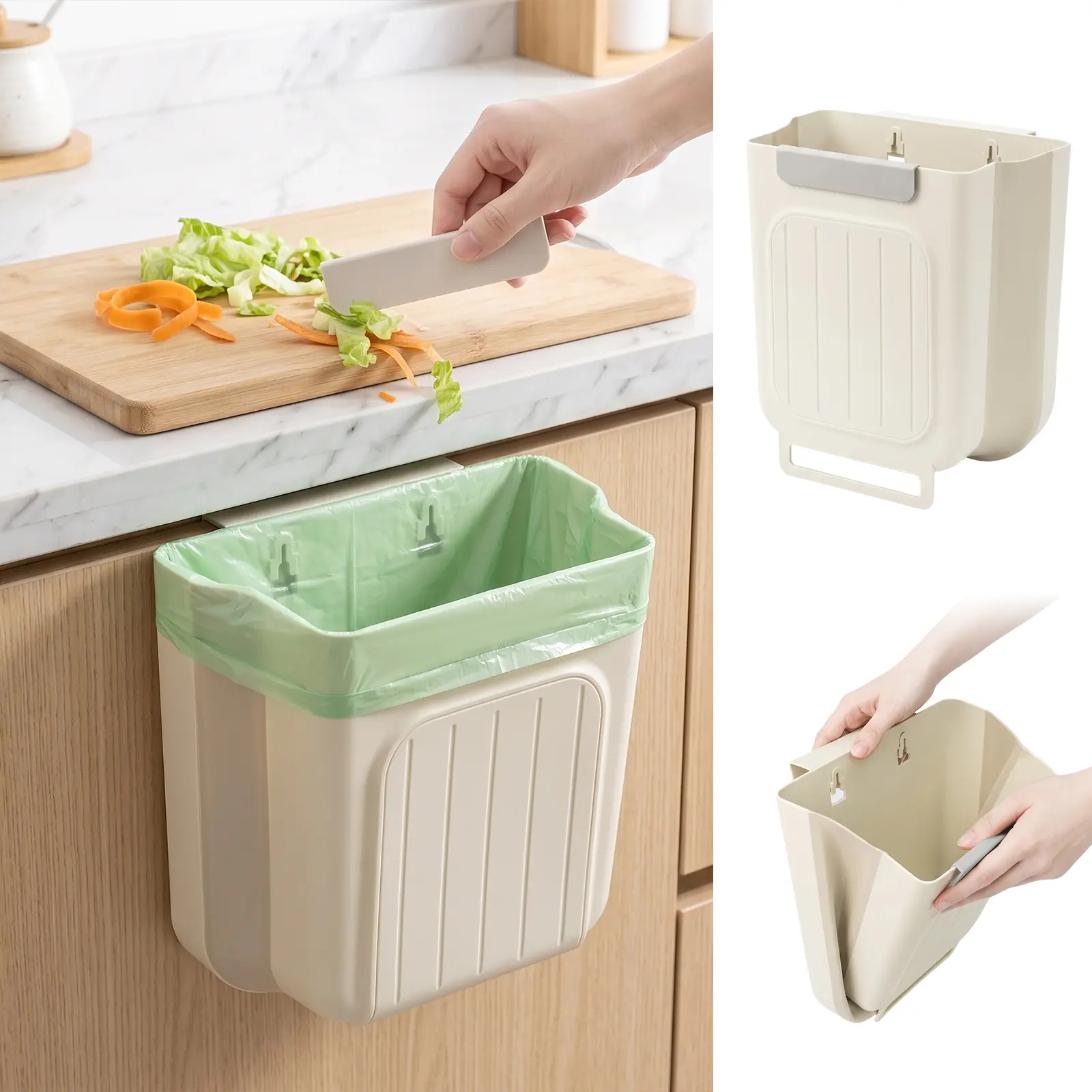 Foldable Kitchen Garbage Can 11L, Hanging Trash Bin for Cabinet Door, Collapsible Waste Bin with Wall Mount Hooks, Space Saving Food Scrap Container for Kitchen, Bathroom & Home