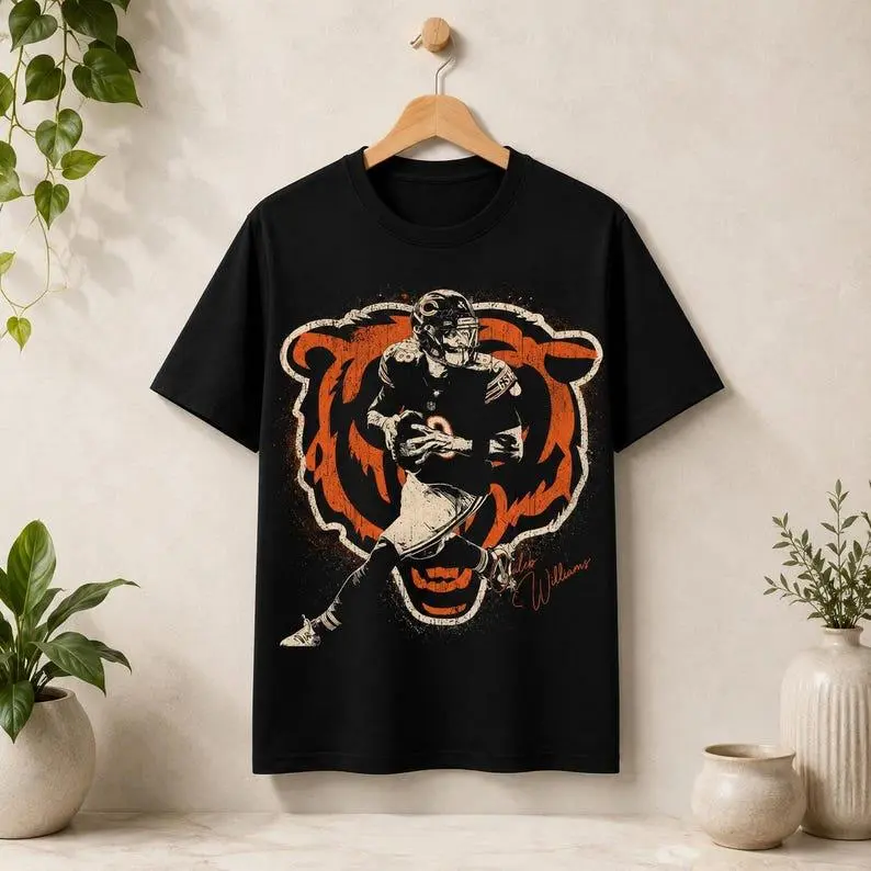 Caleb Williams Vintage Bear Logo Graphic Custom Football T-Shirt, Washed Cotton Fan Gift Tee