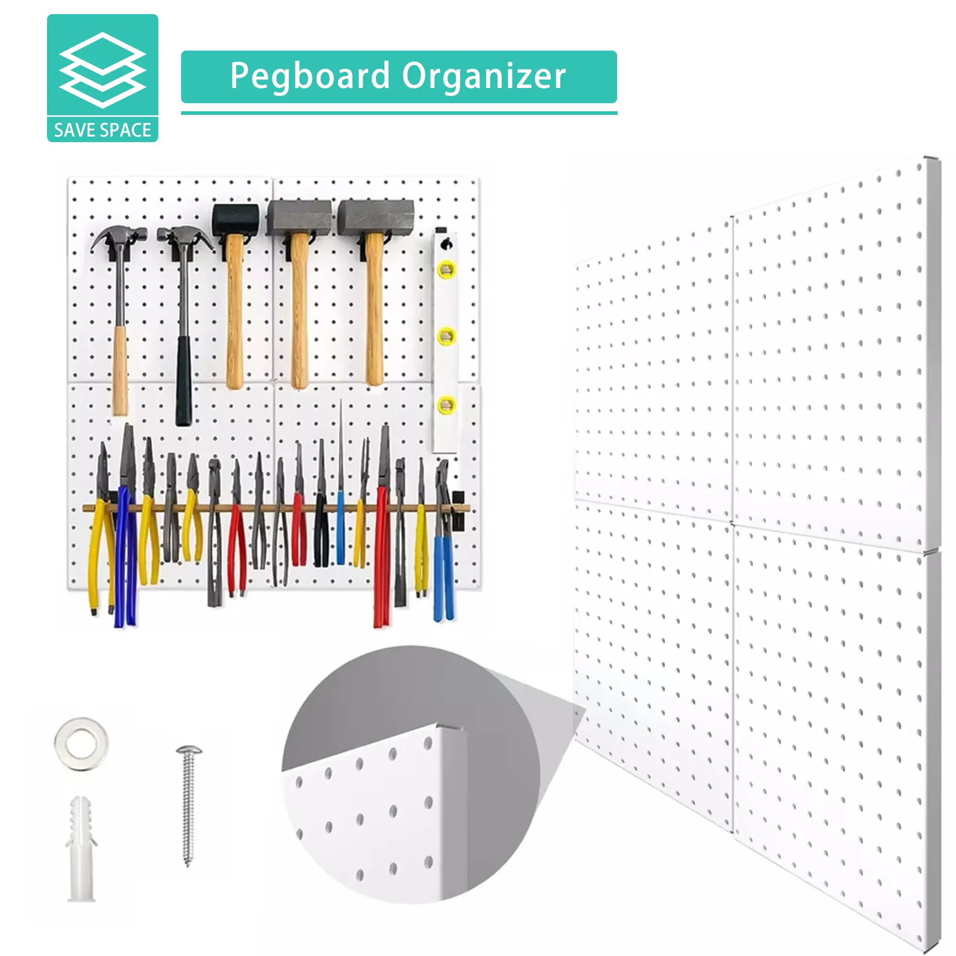 4PCS Metal Pegboard Organizer Tool Rack - 12x12in Wall Control Kit, Efficient Standard Storage Solution for Garages, Workshops, Includes Toolboard & Accessories