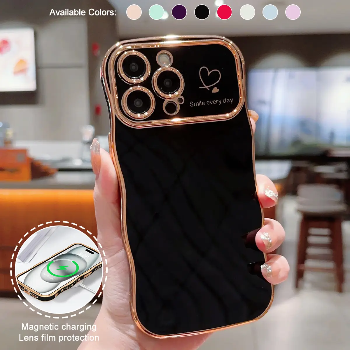 Cute Wave Shape with Love Heart Raised Camera Protection Phone case For iPhone 16 15 14 13 12 11 Pro Max Accessories Durable Silicone Shiny Silicone S