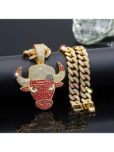 Men's hip-hop full-diamond necklace, fashionable and unique, with a cool red bull head pendant
