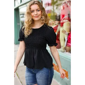 All For You Black Smocked Peplum Puff Sleeve Top