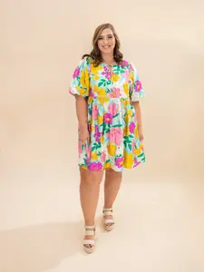 Floral Print Balloon Sleeve Babydoll Dress | S-2XL