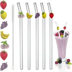 Set of 5 Reusable Bent Glass Straws with Fruit Decor, 7.9 Inch X 8mm Heat-Resistant Borosilicate Glass, Includes Cleaning Brush, Home Bar Accessories