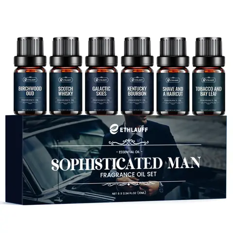 Men's Earthy Woody Aromatic Scent Essential Oil Gift Pack - 6-Bottle Auspicious Set with Bay Leaf, Birchwood Oud for Aromatherapy Diffusers, Candle Making (Birthday, Father’s Day Gift; Elevate Everyday Moments, Essential Oils Lifestyle)