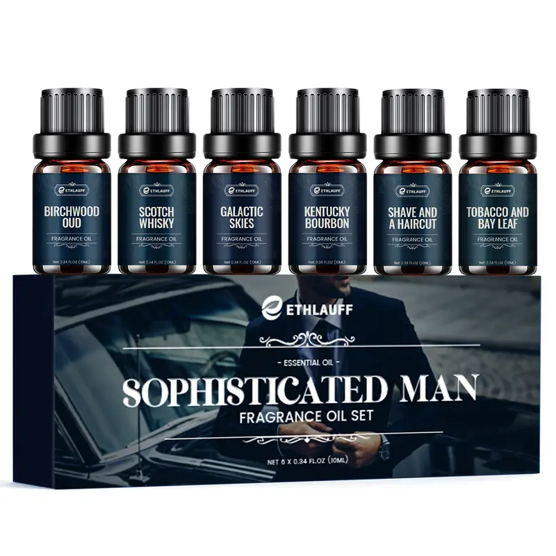Men's Earthy Woody Aromatic Scent Essential Oil Gift Pack - 6-Bottle Auspicious Set with Bay Leaf, Birchwood Oud for Aromatherapy Diffusers, Candle Making (Birthday, Father’s Day Gift; Elevate Everyday Moments, Essential Oils Lifestyle)