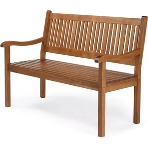 Karlhome 50" Outdoor Wood Bench, Weatehr Resistant Wooden Garden Patio Bench with Comfortable Backrest & Curved Armrest, 800lb Capacity Loveseat for Front Porch Park Yard Deck (Natural, Dense Slatted)